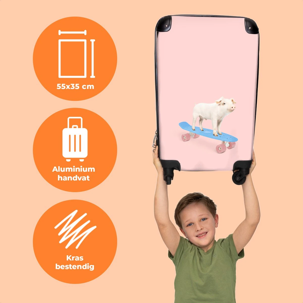 NoBoringSuitcases.com® Kinderkoffer - Trolley Kinderen - Varken - Roze - Skateboard - Kinderen - Meisje - Koffer Dieren - Past Binnen 55x40x20 Cm En 55x35x25 Cm - Reiskoffer Met Wielen - Afbeelding 3