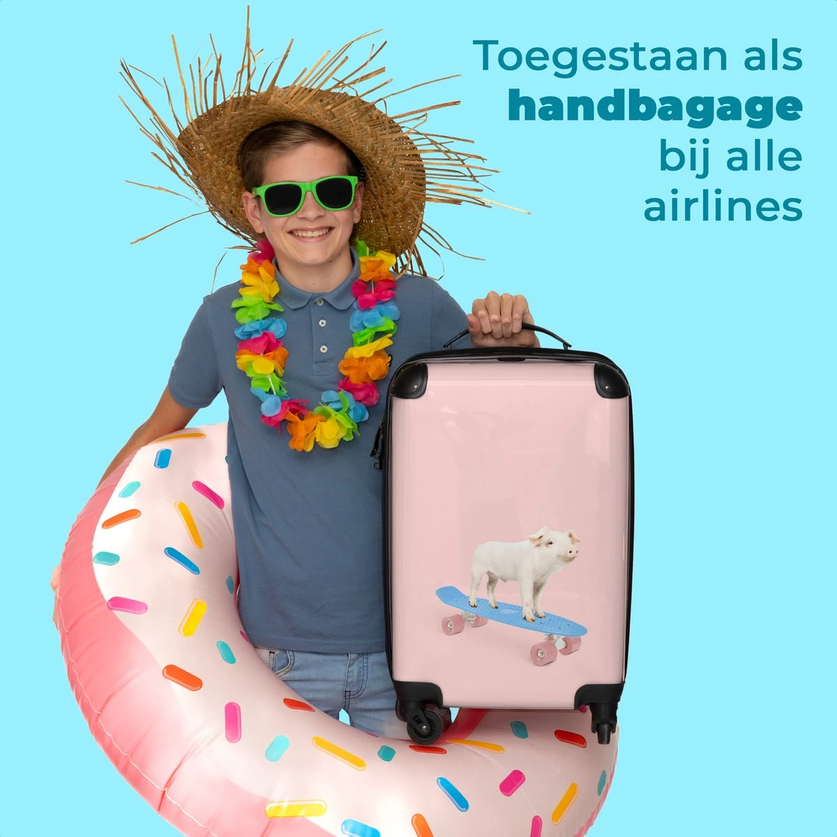 NoBoringSuitcases.com® Kinderkoffer - Trolley Kinderen - Varken - Roze - Skateboard - Kinderen - Meisje - Koffer Dieren - Past Binnen 55x40x20 Cm En 55x35x25 Cm - Reiskoffer Met Wielen - Afbeelding 5