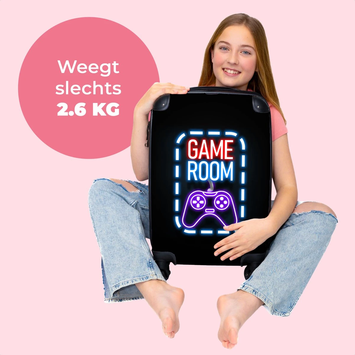 NoBoringSuitcases.com® Koffer - Trolley Op Wieltjes - Neon - Game Room - Tekst - Controller - Zwart - Reiskoffer - Past Binnen 55x40x20 Cm En 55x35x25 Cm - Koffertje - Trolley Handbagage - Afbeelding 2