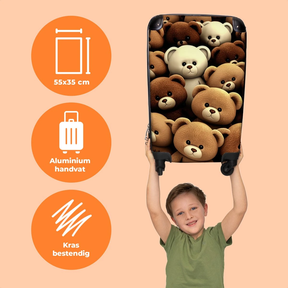 NoBoringSuitcases.com® Koffer - Knuffelbeer - Bruin - Design - Beer - Teddy - Trolley Op Wieltjes - Handbagagekoffer - Past Binnen 55x40x20 Cm En 55x35x25 Cm - Reiskoffers - Afbeelding 3