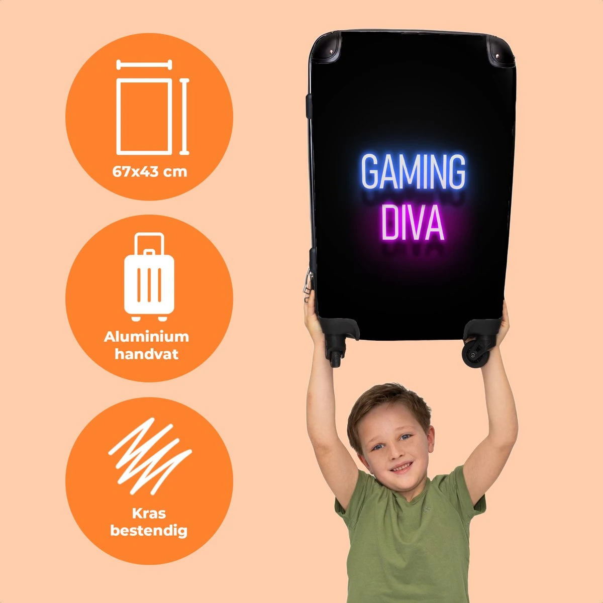 NoBoringSuitcases.com® Koffer Groot - Gaming - Quotes - Neon - Gaming Diva - Vrouwen - Trolley Koffer Met TSA-slot - Met Wielen - 90 Liter - Reiskoffer - 66 Cm - Afbeelding 3
