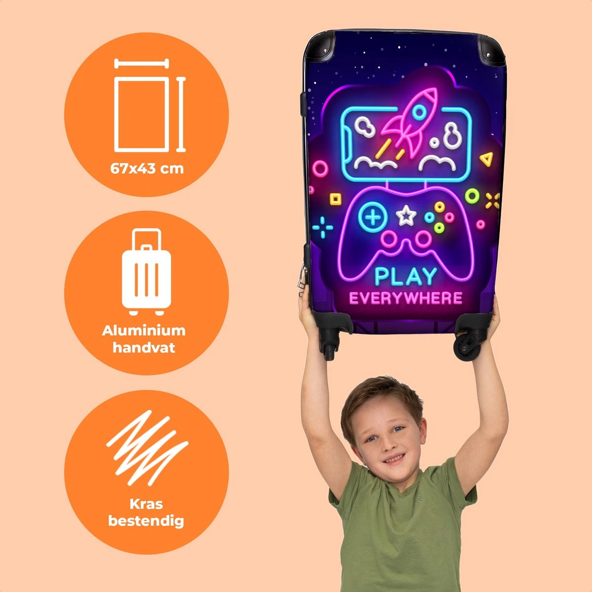 NoBoringSuitcases.com® Koffer Groot - Gaming - Console - Neon - Jongens - Trolley Koffer Met TSA-slot - Met Wielen - 90 Liter - Reiskoffer - 66 Cm - Afbeelding 3