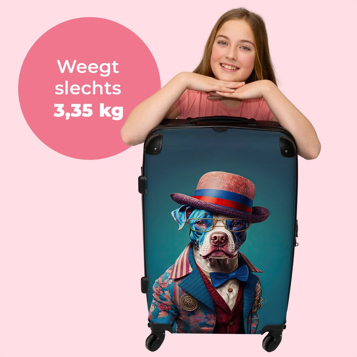 NoBoringSuitcases.com® Koffer Groot - Hond - Hoed - Colbert - Bloemen - Blauw - Trolley Koffer Met TSA-slot - Met Wielen - 90 Liter - Reiskoffer - 66 Cm - Afbeelding 2