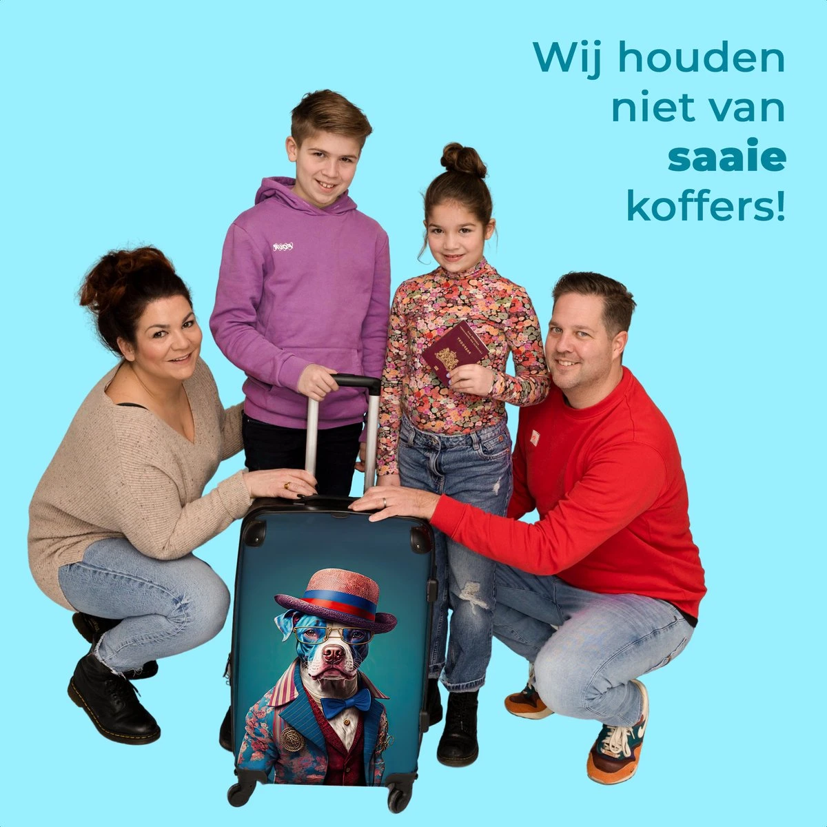 NoBoringSuitcases.com® Koffer Groot - Hond - Hoed - Colbert - Bloemen - Blauw - Trolley Koffer Met TSA-slot - Met Wielen - 90 Liter - Reiskoffer - 66 Cm - Afbeelding 5