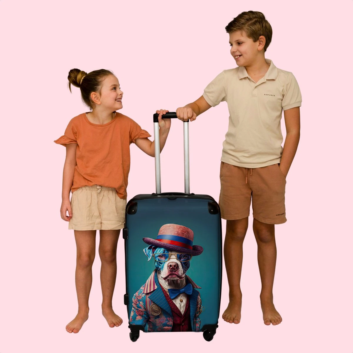 NoBoringSuitcases.com® Koffer Groot - Hond - Hoed - Colbert - Bloemen - Blauw - Trolley Koffer Met TSA-slot - Met Wielen - 90 Liter - Reiskoffer - 66 Cm - Afbeelding 7