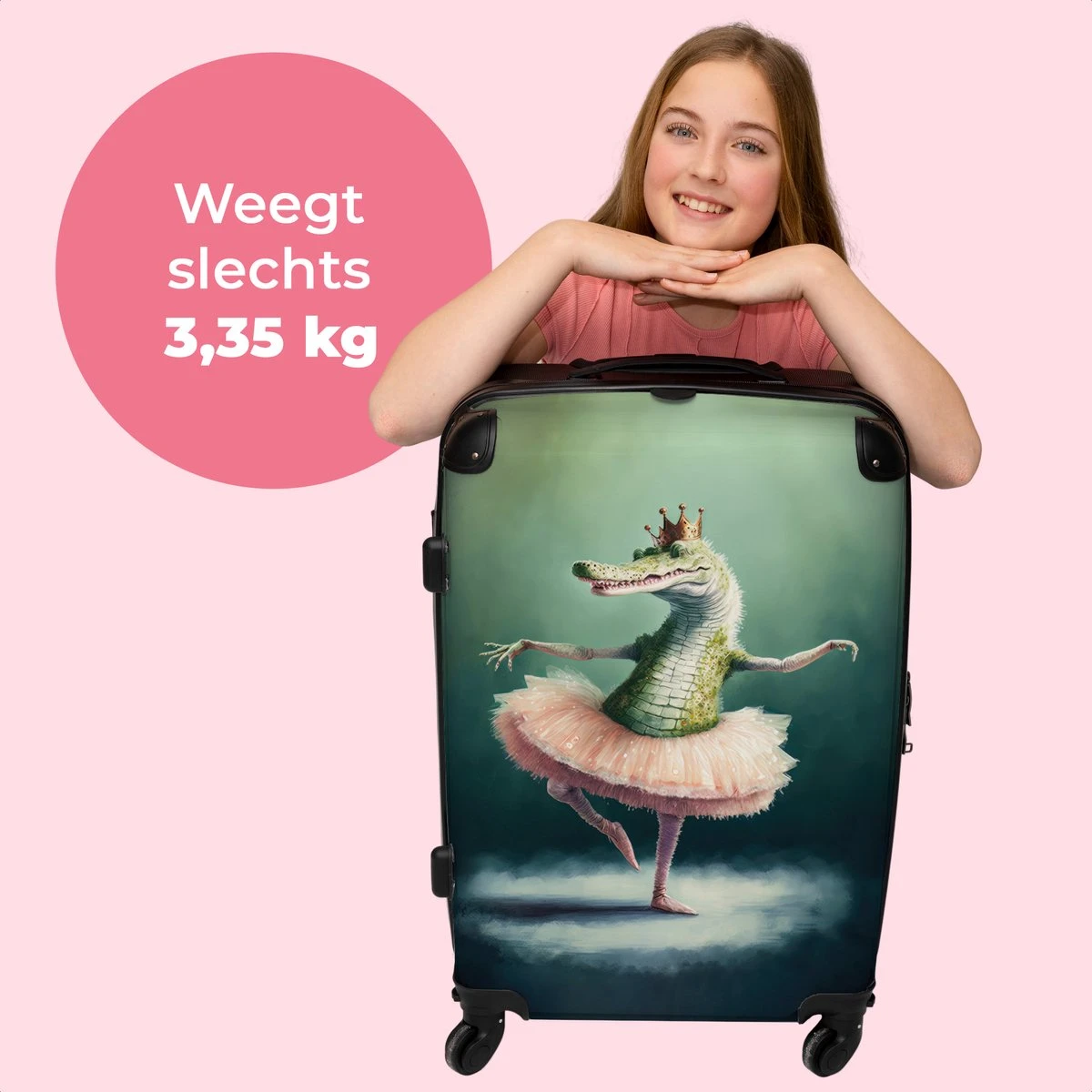 NoBoringSuitcases.com® Koffer Groot - Krokodil - Kroon - Goud - Ballet - Portret - Trolley Koffer Met TSA-slot - Met Wielen - 90 Liter - Reiskoffer - 66 Cm - Afbeelding 2
