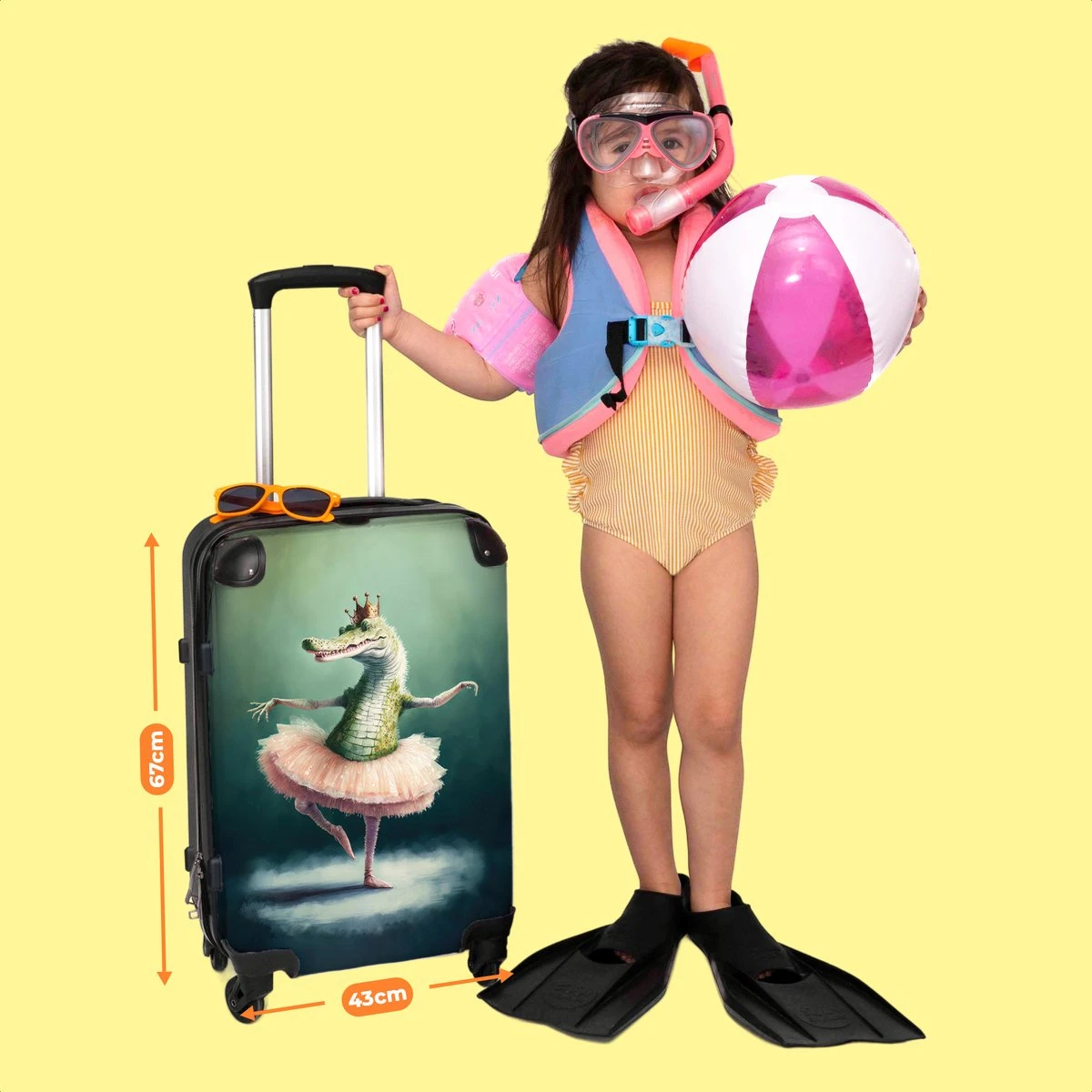 NoBoringSuitcases.com® Koffer Groot - Krokodil - Kroon - Goud - Ballet - Portret - Trolley Koffer Met TSA-slot - Met Wielen - 90 Liter - Reiskoffer - 66 Cm - Afbeelding 6