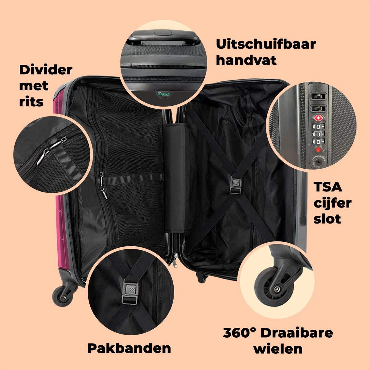 NoBoringSuitcases.com® Koffer Groot - Quotes - Spreuken - Mij Niet Bellen. - Roze - Wit - Trolley Koffer Met TSA-slot - Met Wielen - 90 Liter - Reiskoffer - 66 Cm - Afbeelding 4