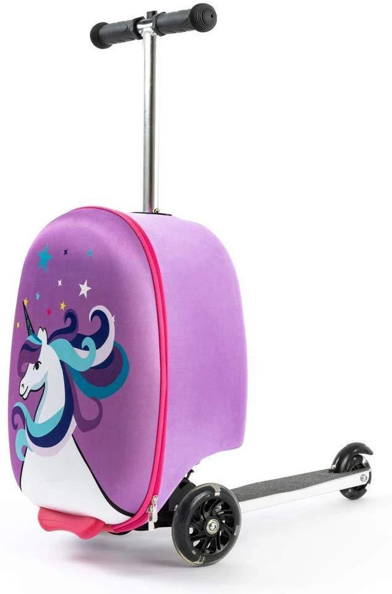 Kinderstep | Reiskoffer Met Wielen - FDBW - Koffer Kinderen | Paarse Eenhoorn | Step Met 3 Wielen - Bouncy Box 50 Kilo 40x20x25 Cm + Nekkussen Vliegtuig - Afbeelding 5