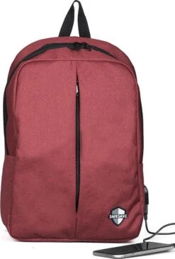 SafeSave Rugtas – Waterafstotende Schooltas Met Laptop Vak En Usb Aansluiting – Schoudertas – 15.6 Inch – Rood