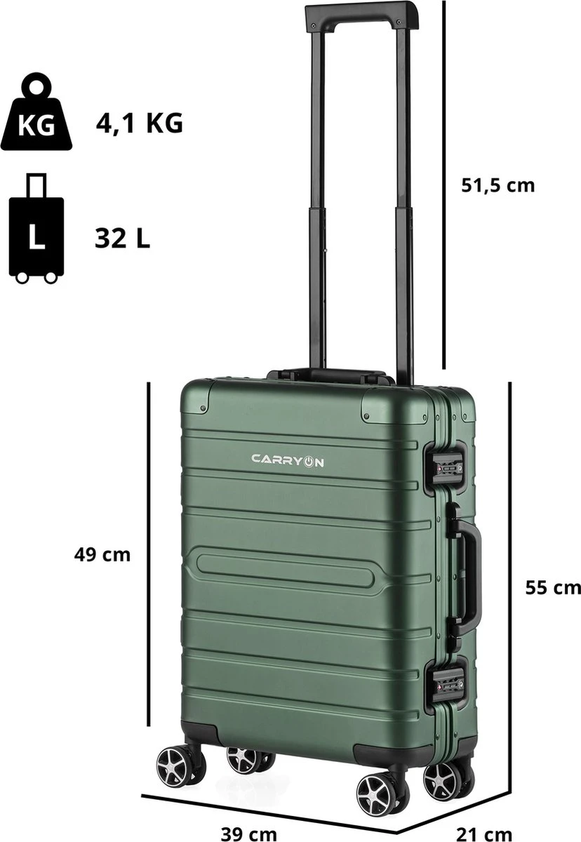 CarryOn ULD Handbagage - Luxe Aluminium Trolley 55cm - Dubbel TSA Slot - Dubbele Wielen - Groen - Afbeelding 7