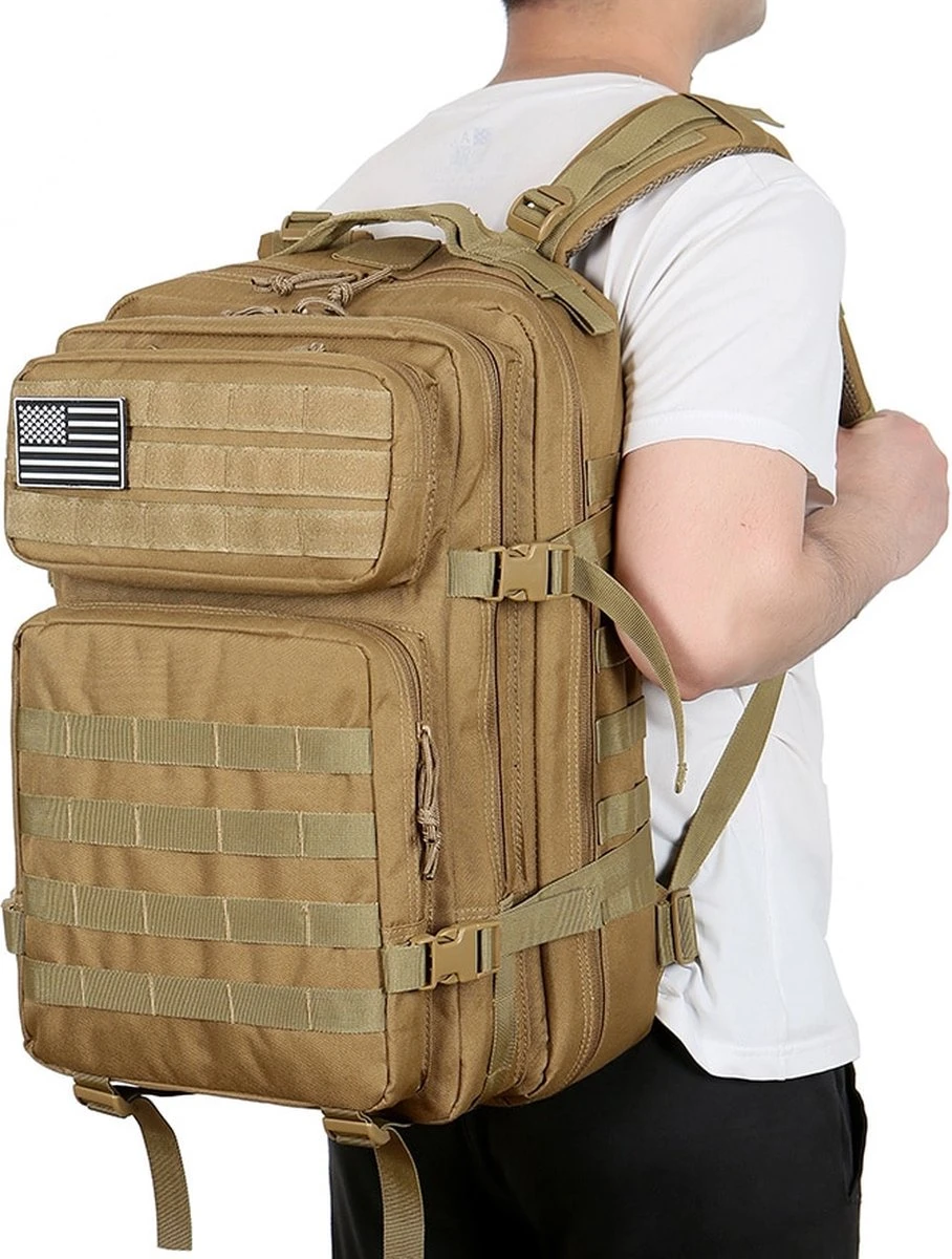 Merkloos Leger Rugzak - 45L - Camouflage - Militaire Tactische Tassen Voor Heren - Voor De Jacht - Voor Trekking - Rugzak - Waterdicht - Bug Out Bag - Airsoft - Khaki