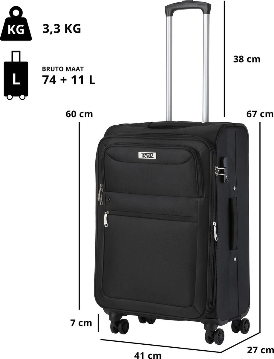 Travelz Softspinner TSA Reiskoffer 67cm - Zachte Reiskoffer Met Expander - Zwart - Afbeelding 6