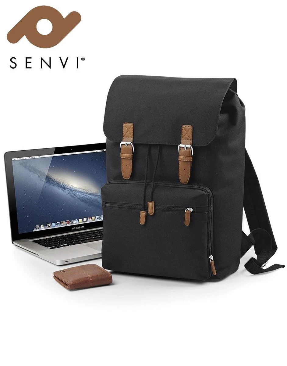 Senvi Vintage Laptop Rugzak Kleur Zwart - Bruin - 18 Liter - Afbeelding 6