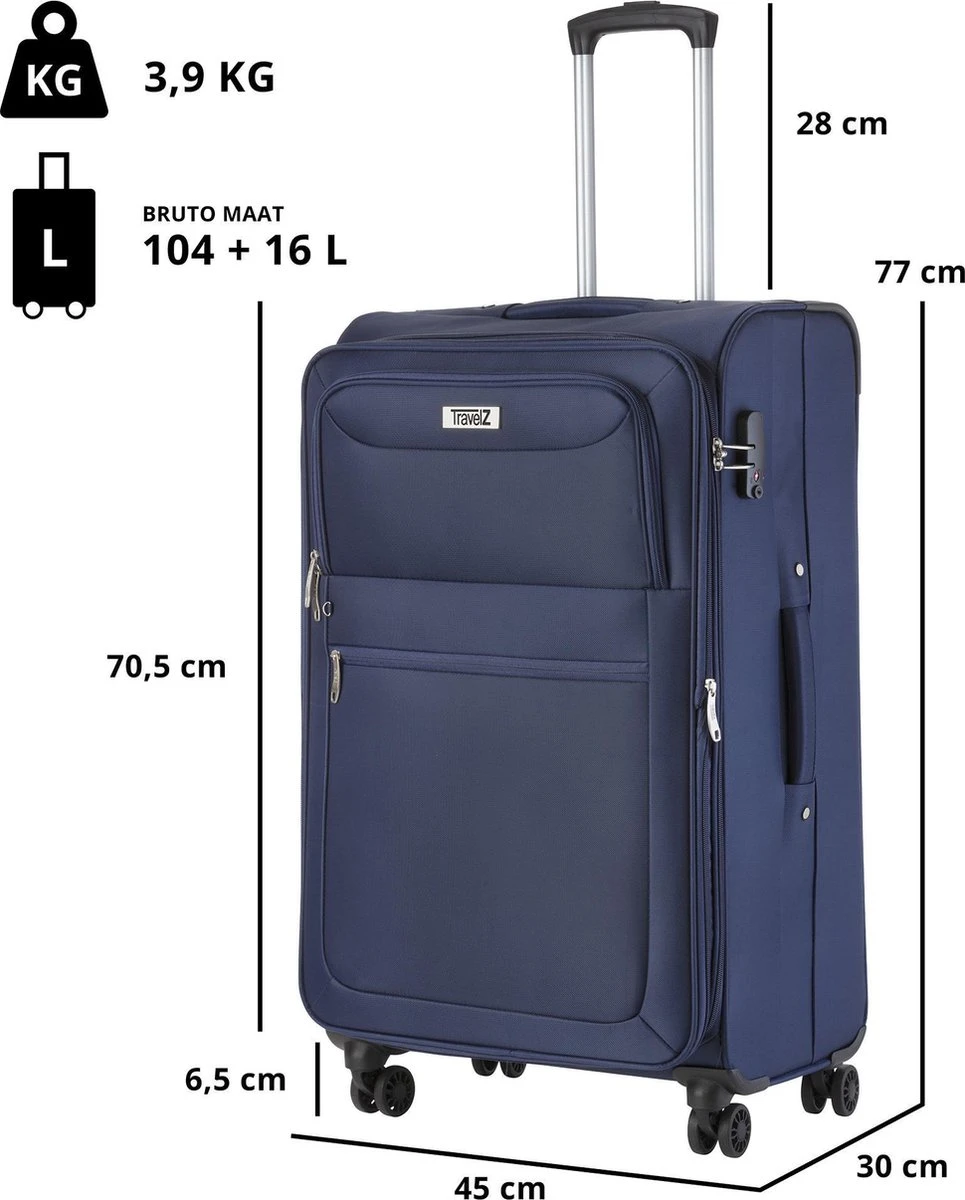 Travelz Softspinner TSA Reiskoffer 77cm - Zachte Reiskoffer Met Expander 104 + 16 Ltr - Blauw - Afbeelding 7