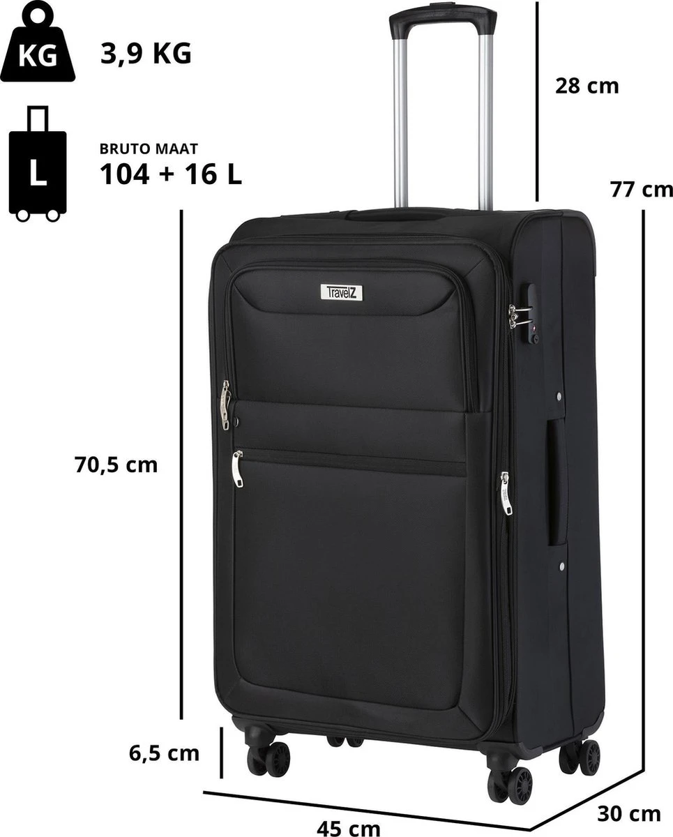 Travelz Softspinner TSA Reiskoffer 77cm - Zachte Reiskoffer Met Expander 104 + 16 Ltr - Zwart - Afbeelding 6