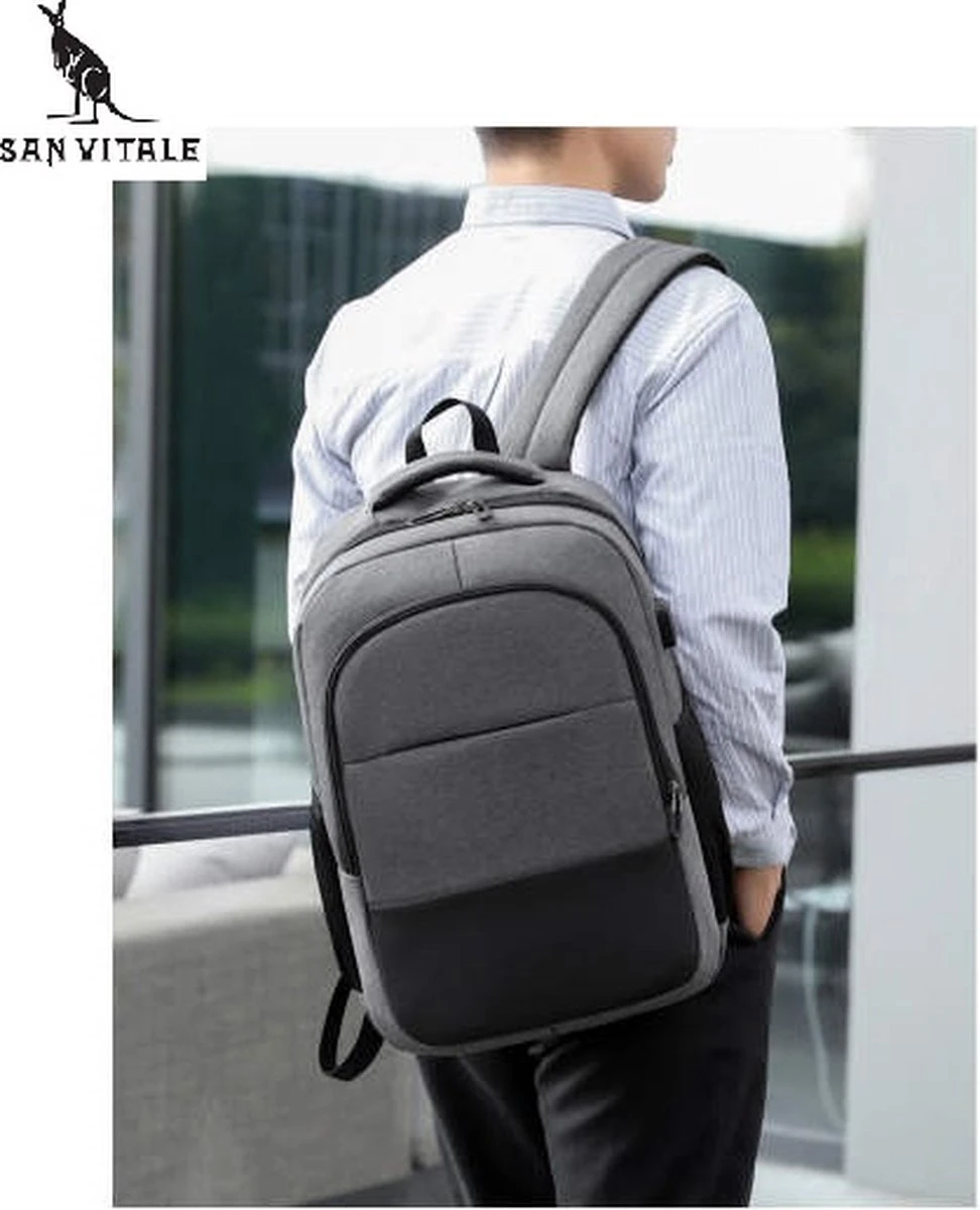 San Vitale® - Rugzak 2.0 Met USB Poort - Schooltas - 16 Inch Laptop Rugtas - Dames/Heren - 30L - Waterafstotend - Grijs - Afbeelding 7