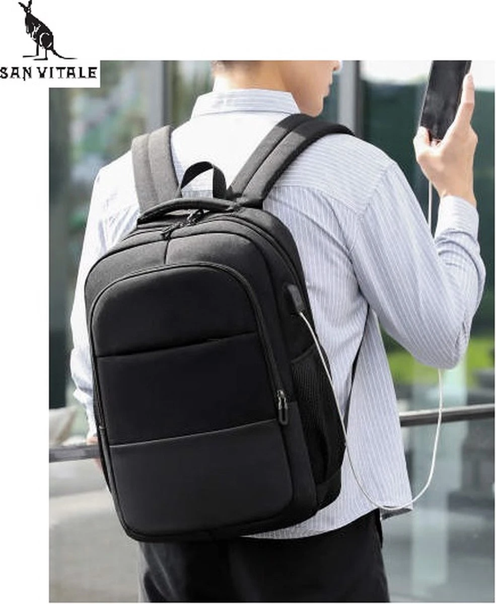 San Vitale® - Rugzak 2.0 Met USB Poort - Schooltas - 16 Inch Laptop Rugtas - Dames/Heren - 30L - Waterafstotend - Grijs - Afbeelding 6